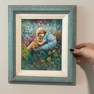 A Little Boy with Dog IMPRESSIONIST Style Painting on Canvas Framed Signed 1995